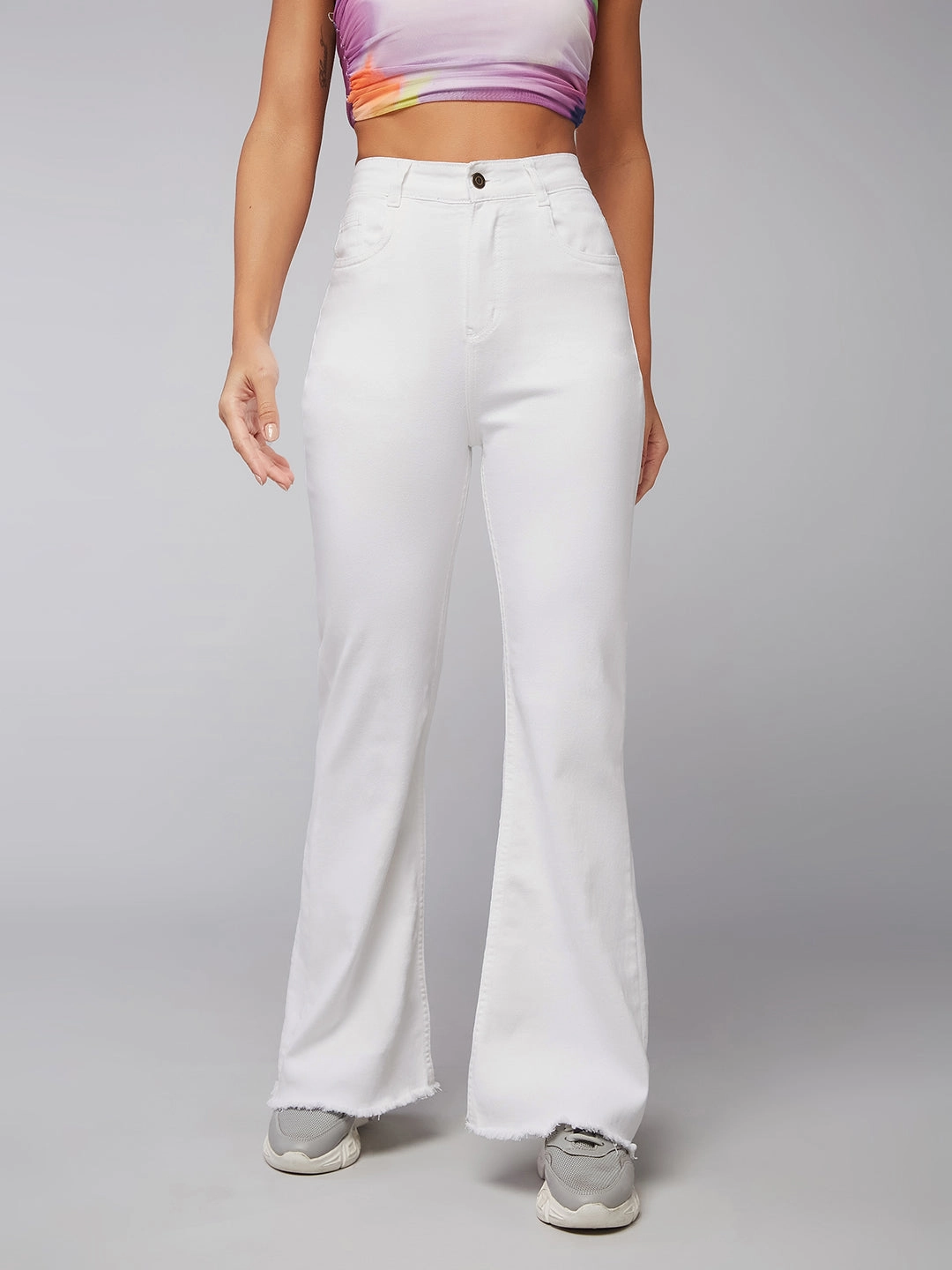 24/7 Comfort White Bell-Bottom Bootcut Hourglass High-Rise Stretchable Denim Jeans Reinforced Pockets Sunny Vibes Office Wear