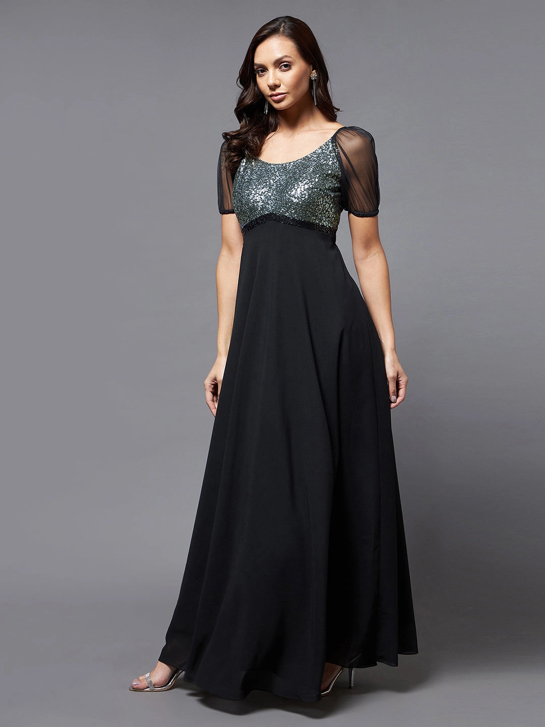 Flawless Waistband Fit Romantic Hour Crease Ease Women's Black And Silver Embellished Fit & Flare Maxi Dress