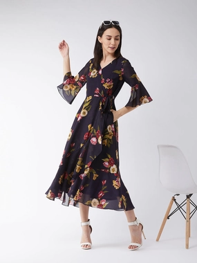 Women's Multicolored-Base-Navy Blue V Neck 3/4th Sleeve Floral Ruffled Maxi Dress Playful Cut Back-Pocket