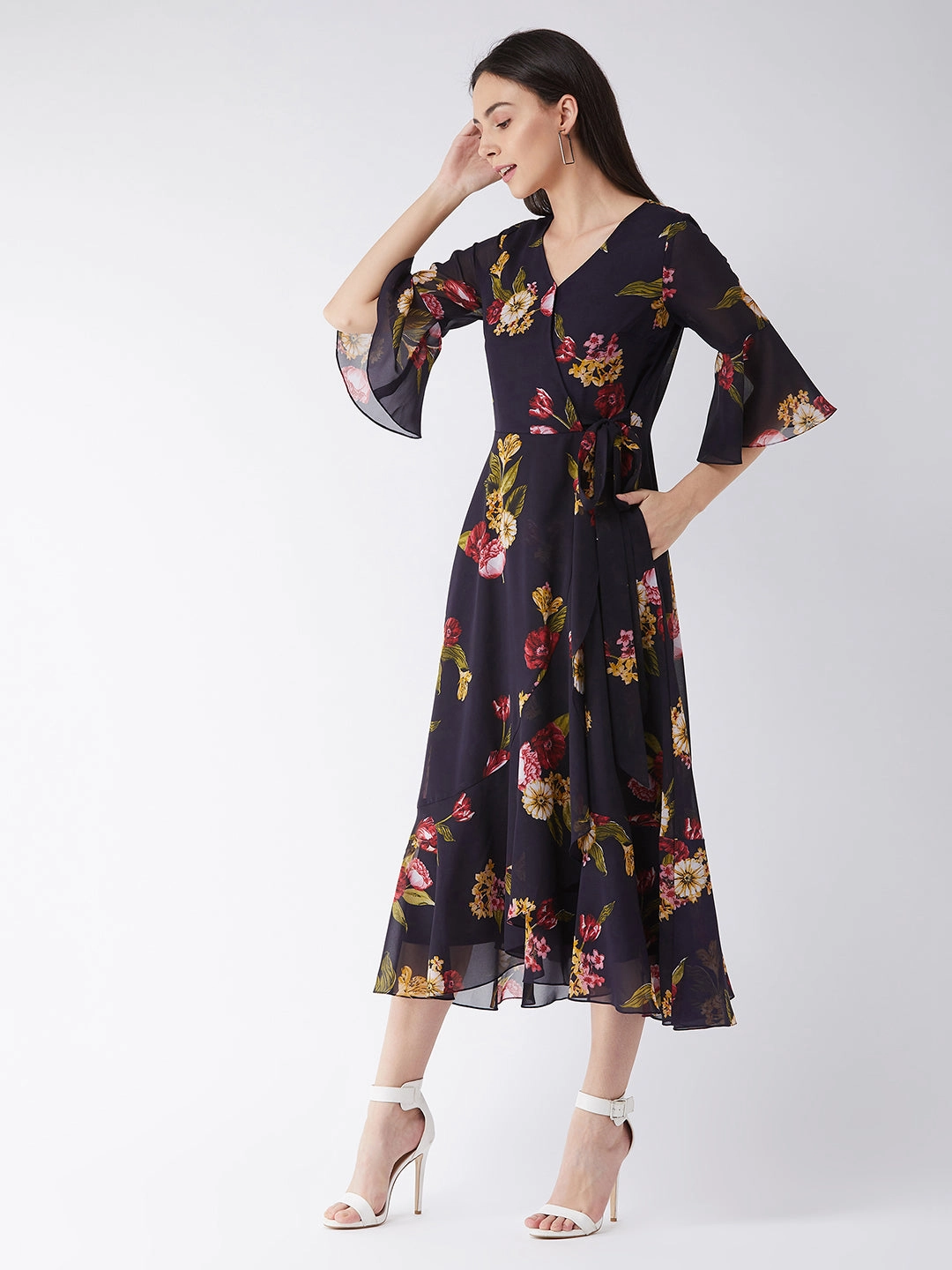 Women's Multicolored-Base-Navy Blue V Neck 3/4th Sleeve Floral Ruffled Maxi Dress Fall Silhouette
