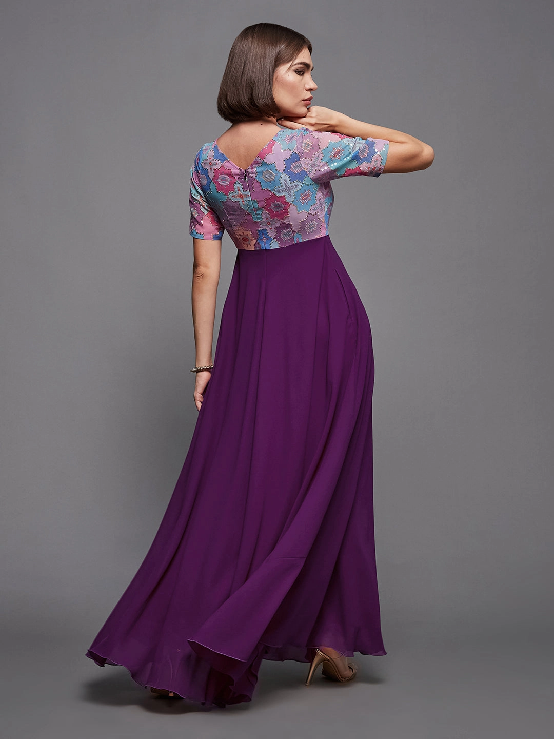 Women's Multicolored-Base-Dark Purple Boat Neck Half Sleeve Geometric Fit & Flare Georgette Maxi Dress Wrinkle-Resistant Summer Ready