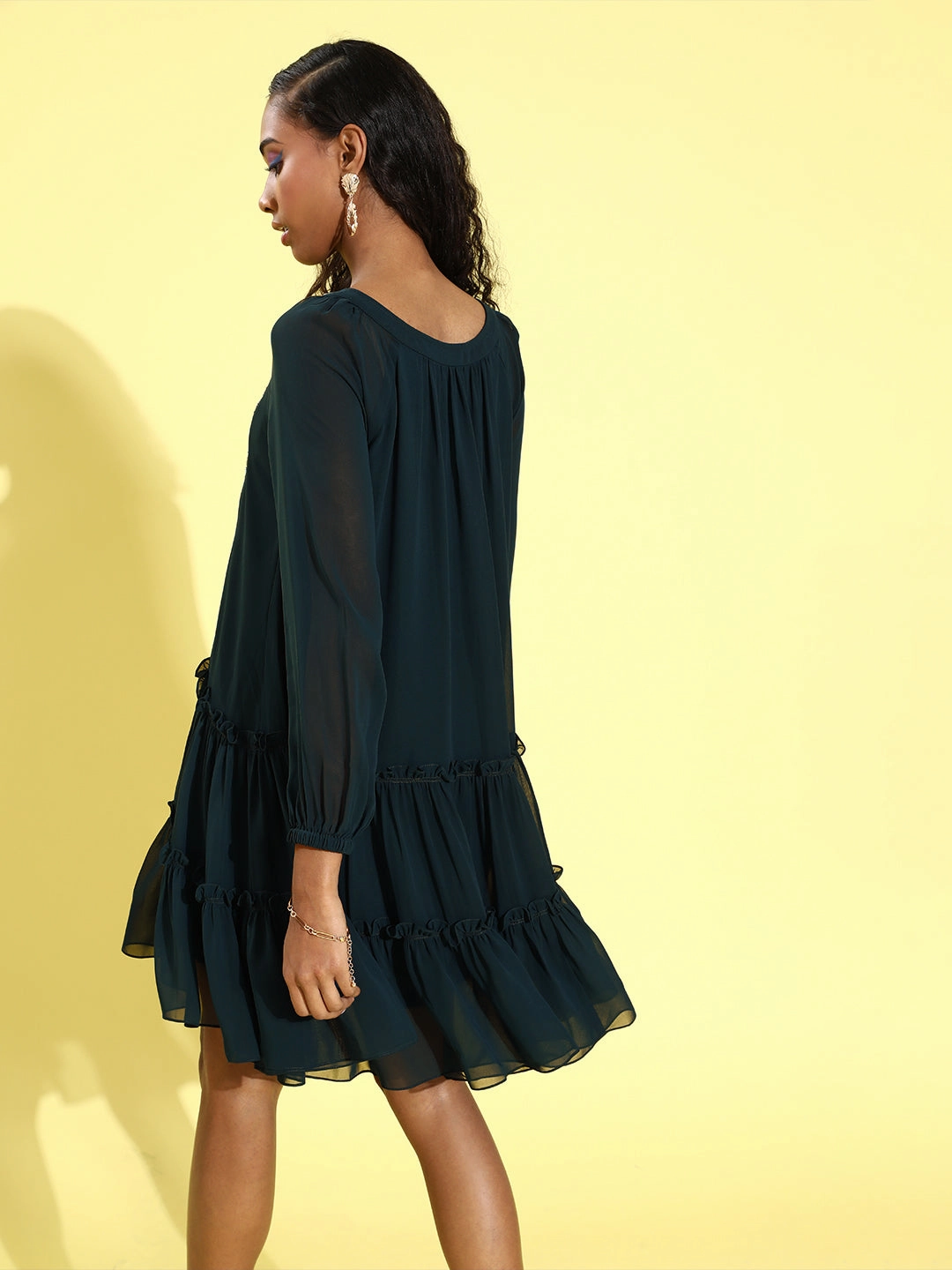 Contemporary Style Street Mood Women's Teal V-neck Full Sleeve Solid Embellished Knee Length Dress