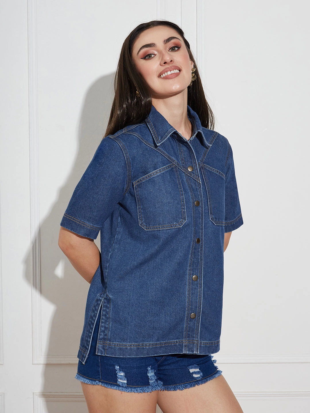 Women's Navy Blue Boxy Denim Shirt ?C Half Sleeves, Collared, Relaxed Fit Comfy Fit Tailored Placket
