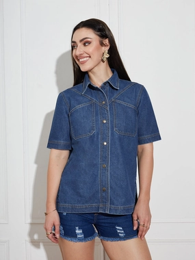 QuickReleaseFastenings CompressionTechnology Women's Navy Blue Boxy Denim Shirt ?C Half Sleeves, Collared, Relaxed Fit