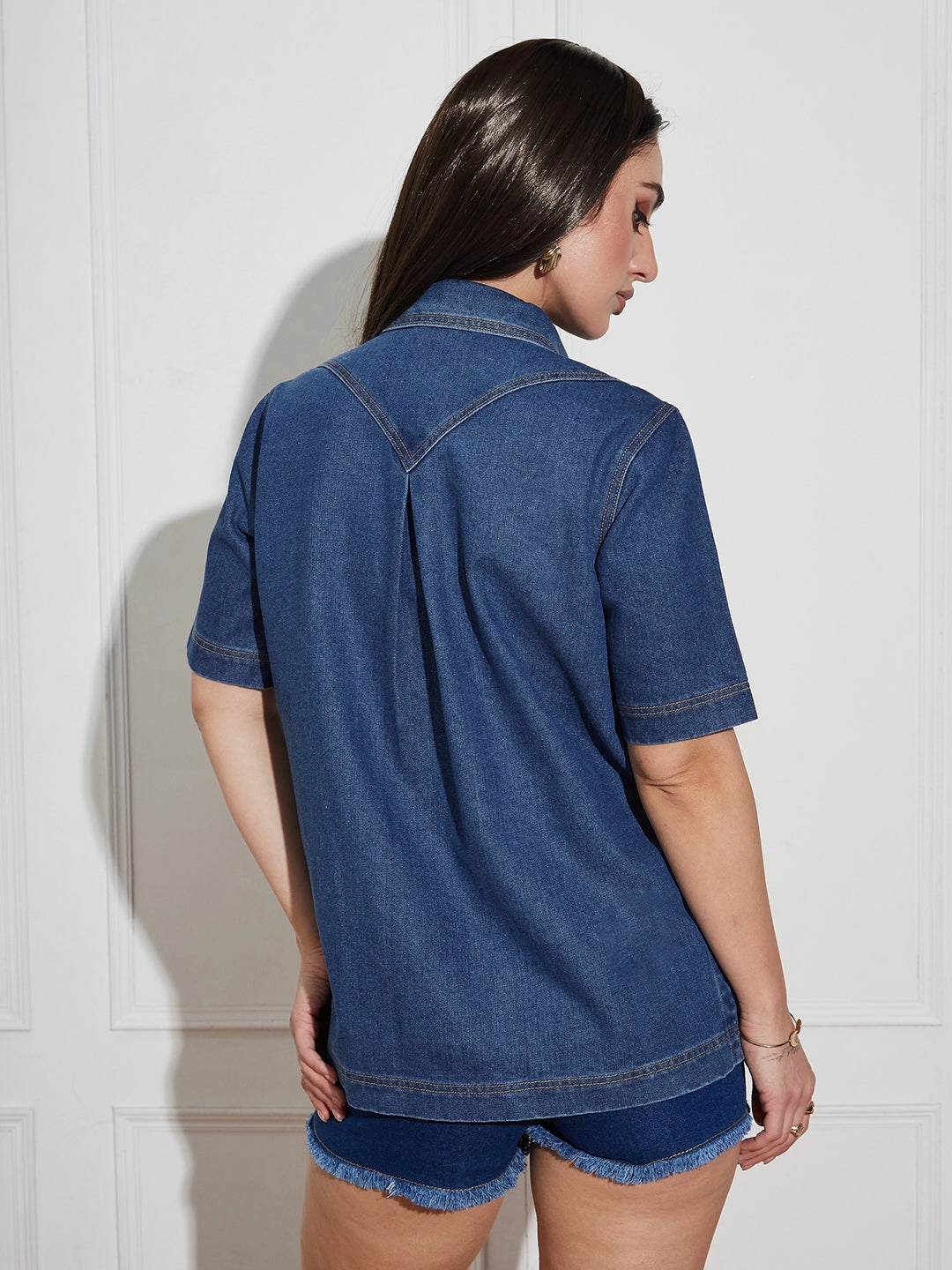 Women's Navy Blue Boxy Denim Shirt ?C Half Sleeves, Collared, Relaxed Fit Compact Thermal Insulation FrenchTerry
