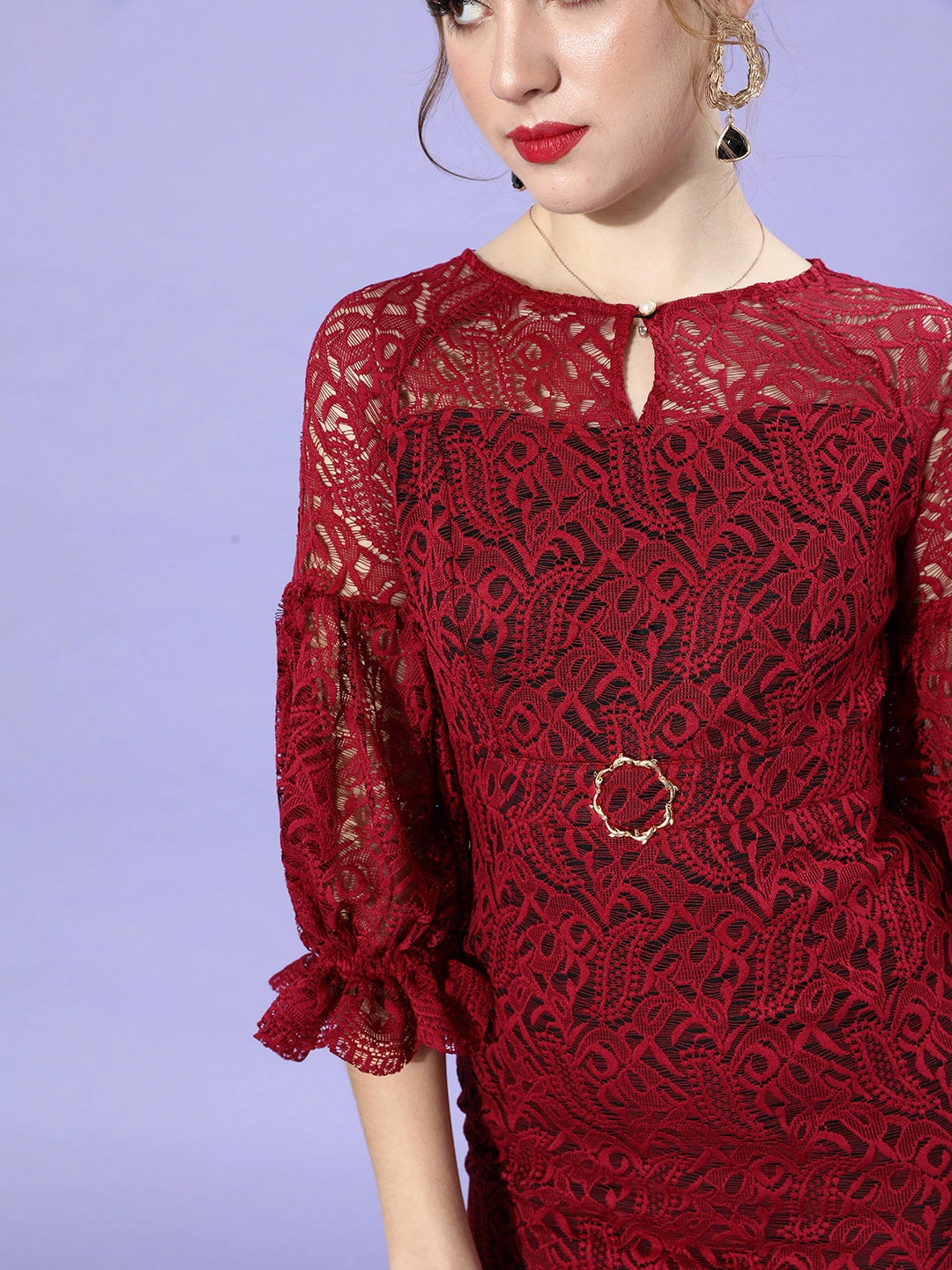 Women's Maroon Round Neck Puff Sleeve Floral Lace Overlaid Midi Dress Calm Mood Soft Profile