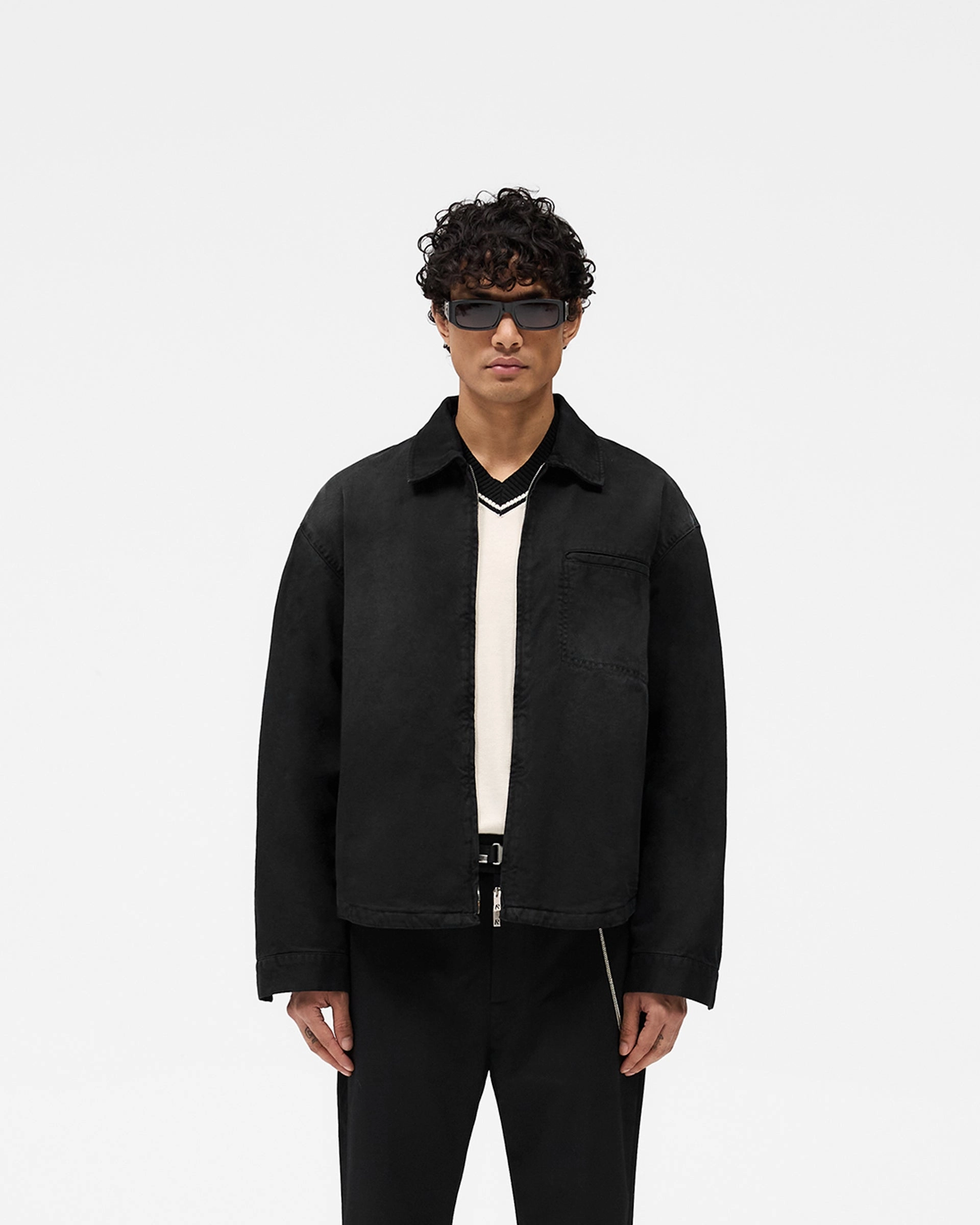 Cotton Zip Through Shirt - Black Soft Texture