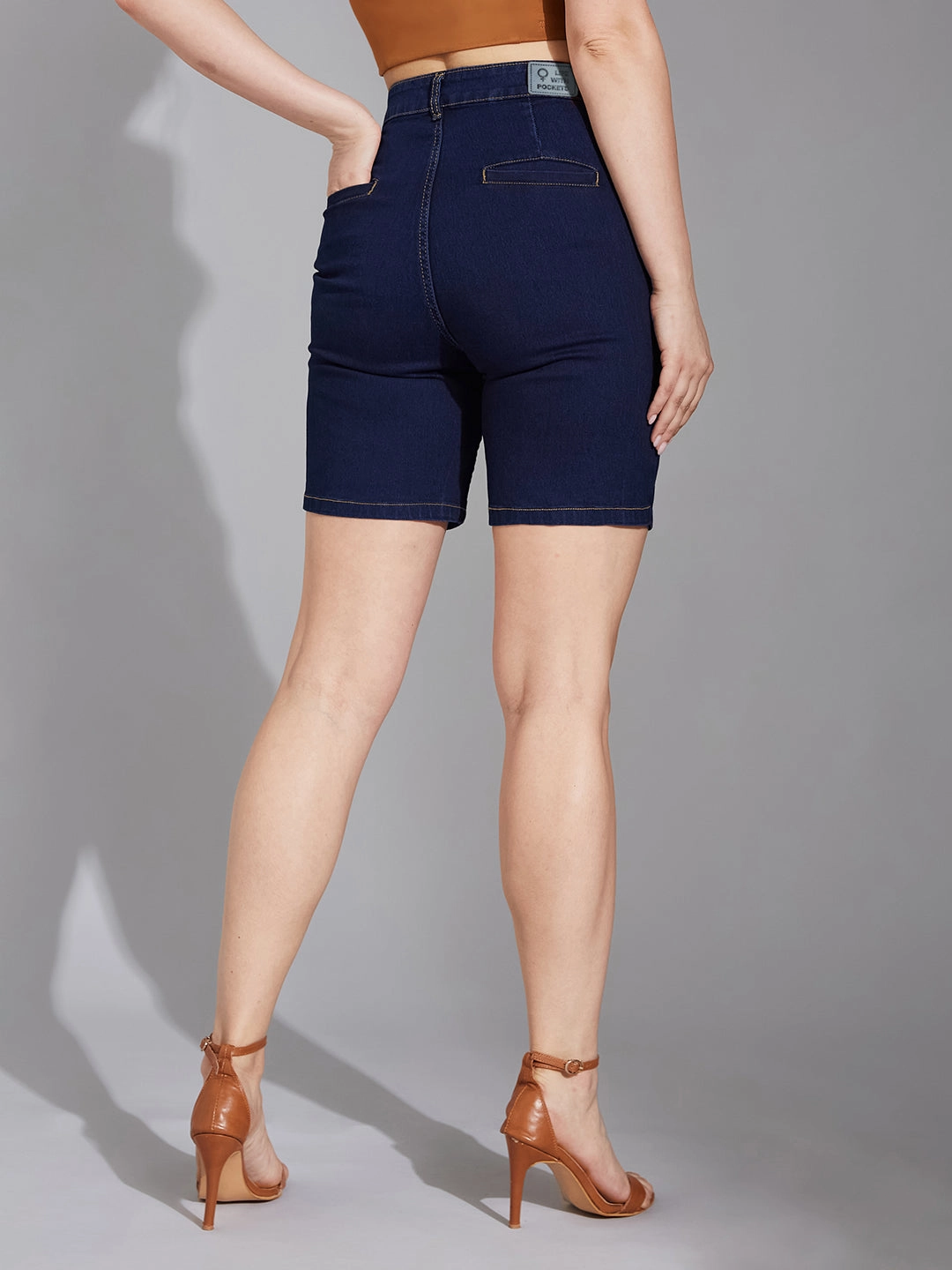 Day Wear Women's Navy Blue Regular High-Rise Clean-Look Above-Knee Stretchable Denim Shorts