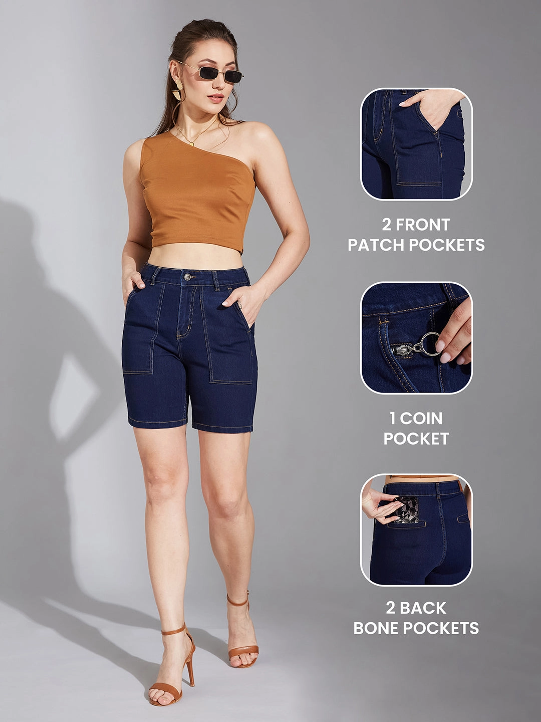Shopping Day Outdoor Enthusiast Trendy High Quality Women's Navy Blue Regular High-Rise Clean-Look Above-Knee Stretchable Denim Shorts