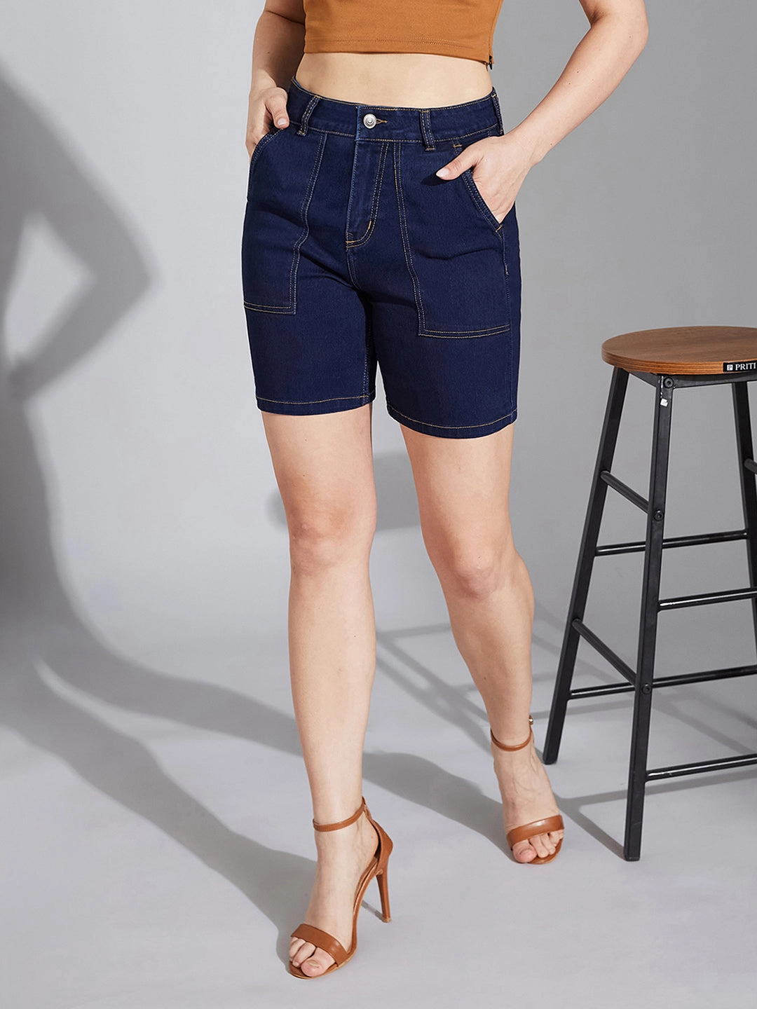 Women's Navy Blue Regular High-Rise Clean-Look Above-Knee Stretchable Denim Shorts Routine Wear All Time Fit