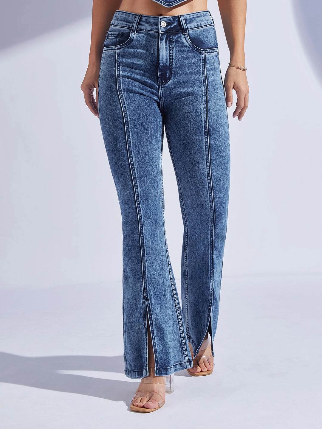 Closet Classic Blended Style Women's Navy Blue Bootcut High-Rise Stretchable Denim Bootcut Jeans