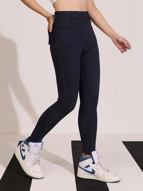 Women's Black Skinny Fringed Detailing High Rise Clean Look Solid Cropped Stretchable Denim Jeans Core Style Modern Straight Leg