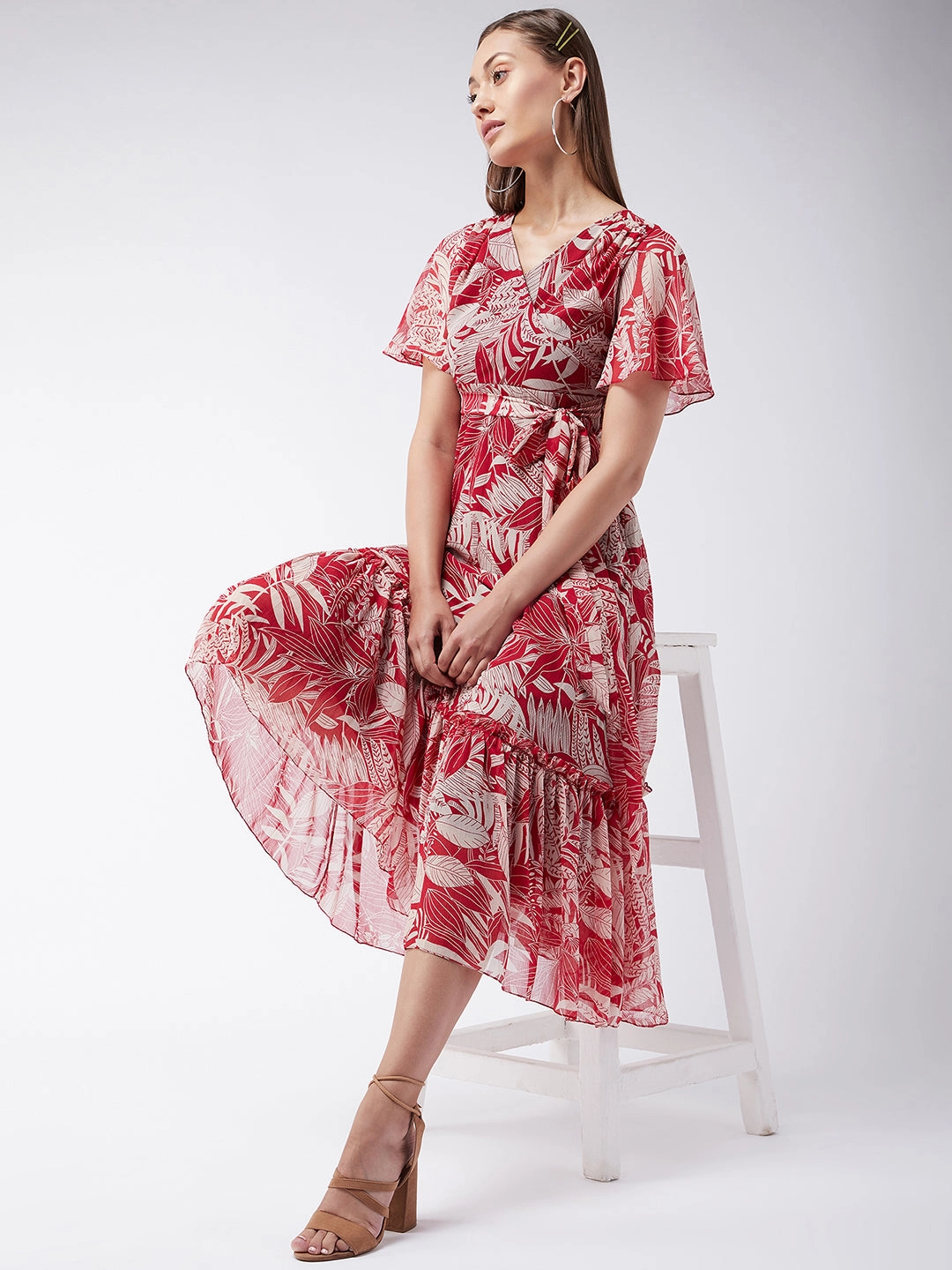 Walk Grace Women's Maroon V Neck Tropical Printed Wrap Maxi Dress