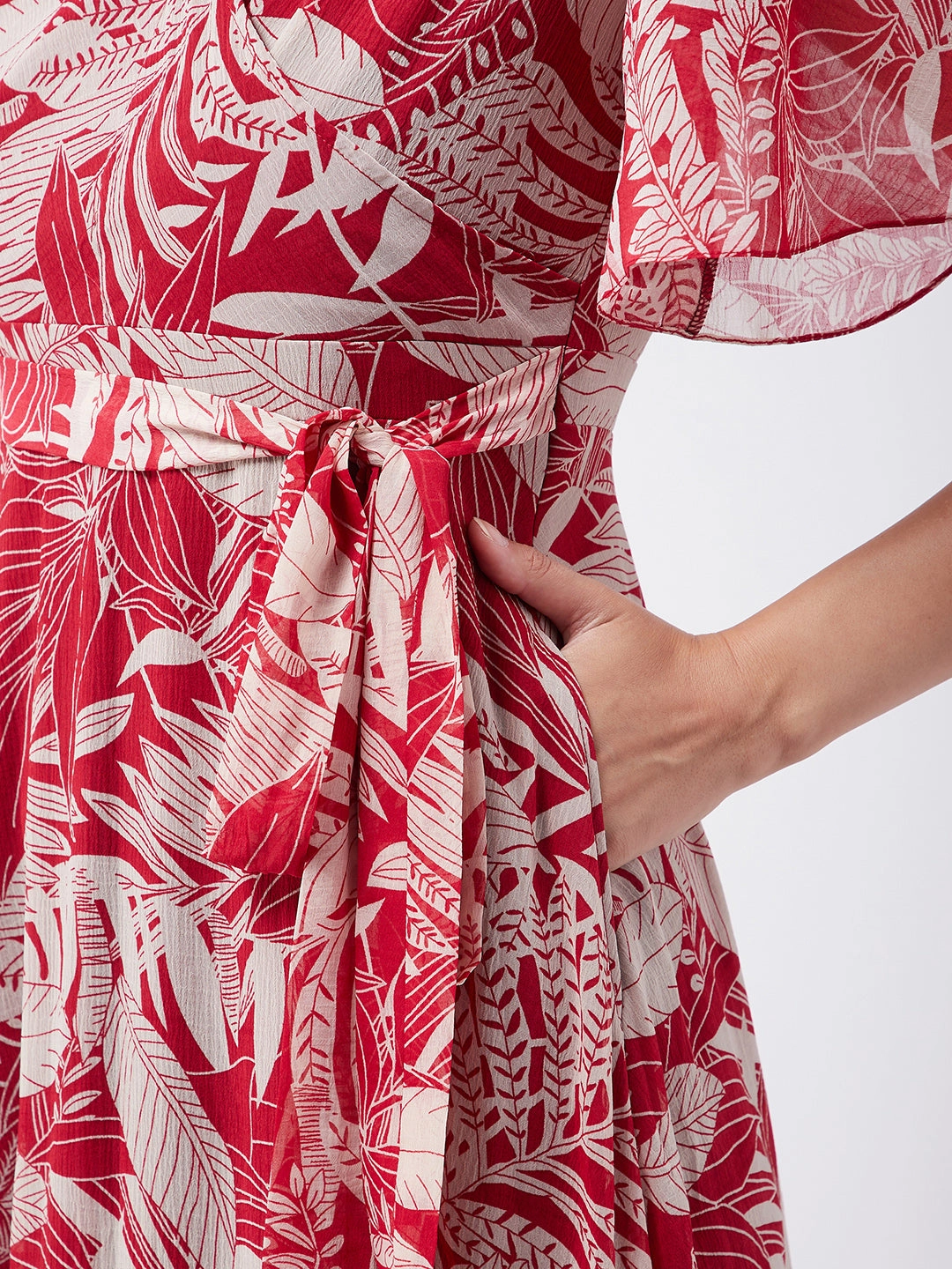 Lightweight and Breezy Neutral Look Women's Maroon V Neck Tropical Printed Wrap Maxi Dress