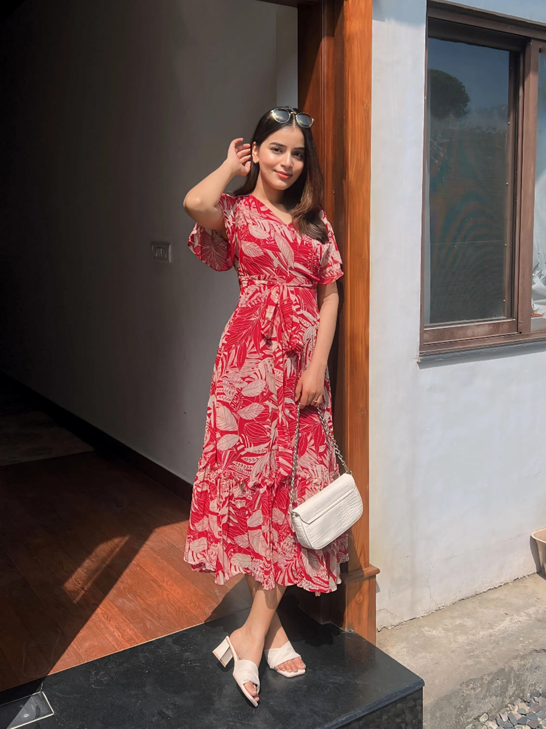 Women's Maroon V Neck Tropical Printed Wrap Maxi Dress Event Favorite Water-resistant