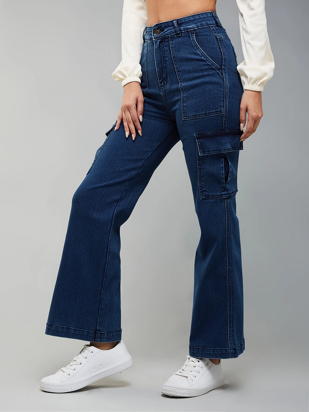24/7 Comfort Blue Wide  Leg High-Rise Stretchable Denim Cargo Jeans Colorfast Dyeing Method