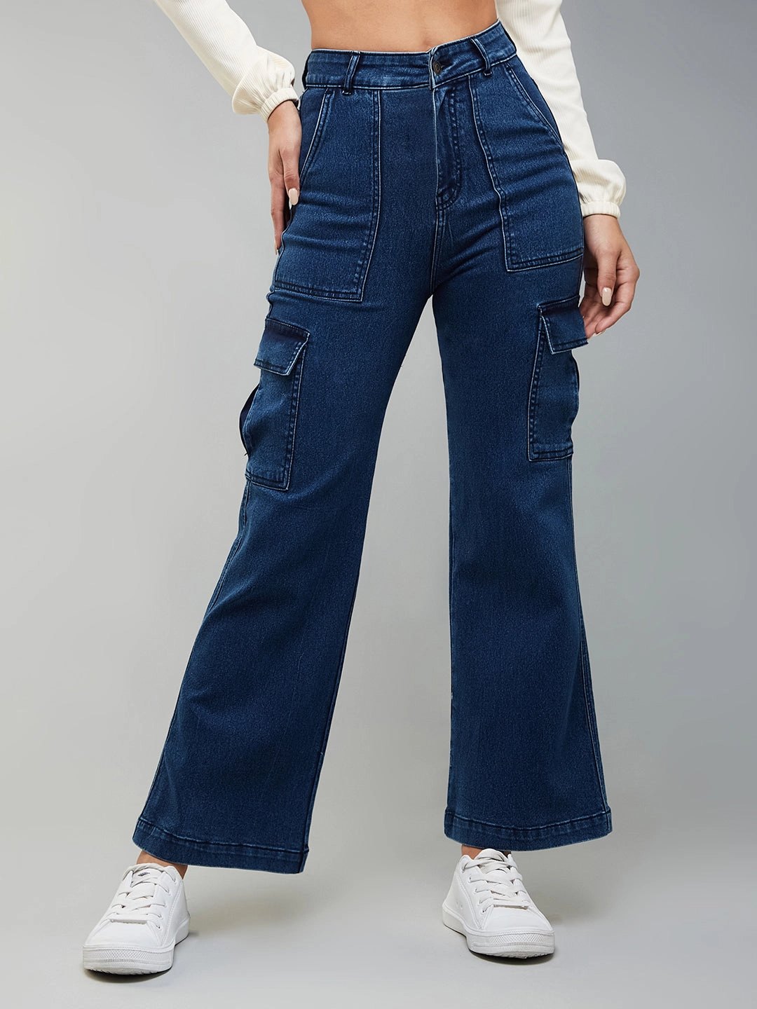 City Walk Autumn Days Lightweight 24/7 Comfort Blue Wide  Leg High-Rise Stretchable Denim Cargo Jeans
