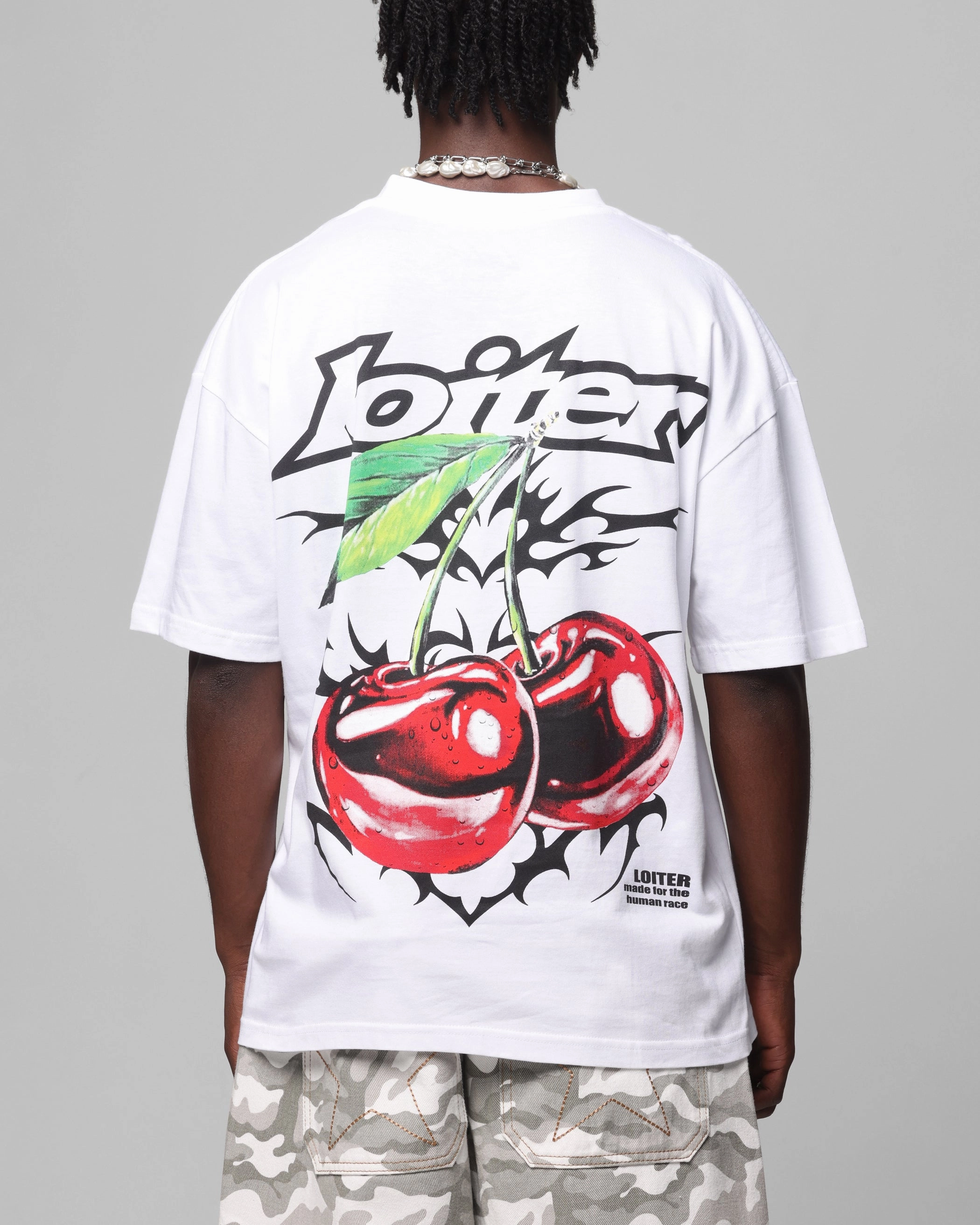 Non Restrictive Armhole Cut Loiter Cherry Pick Drop T-Shirt White