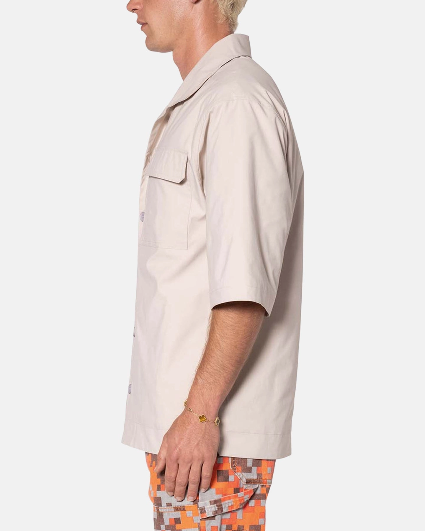 ZeroWastePattern MNML Lined Woven Nylon Button Up Shirt Stone