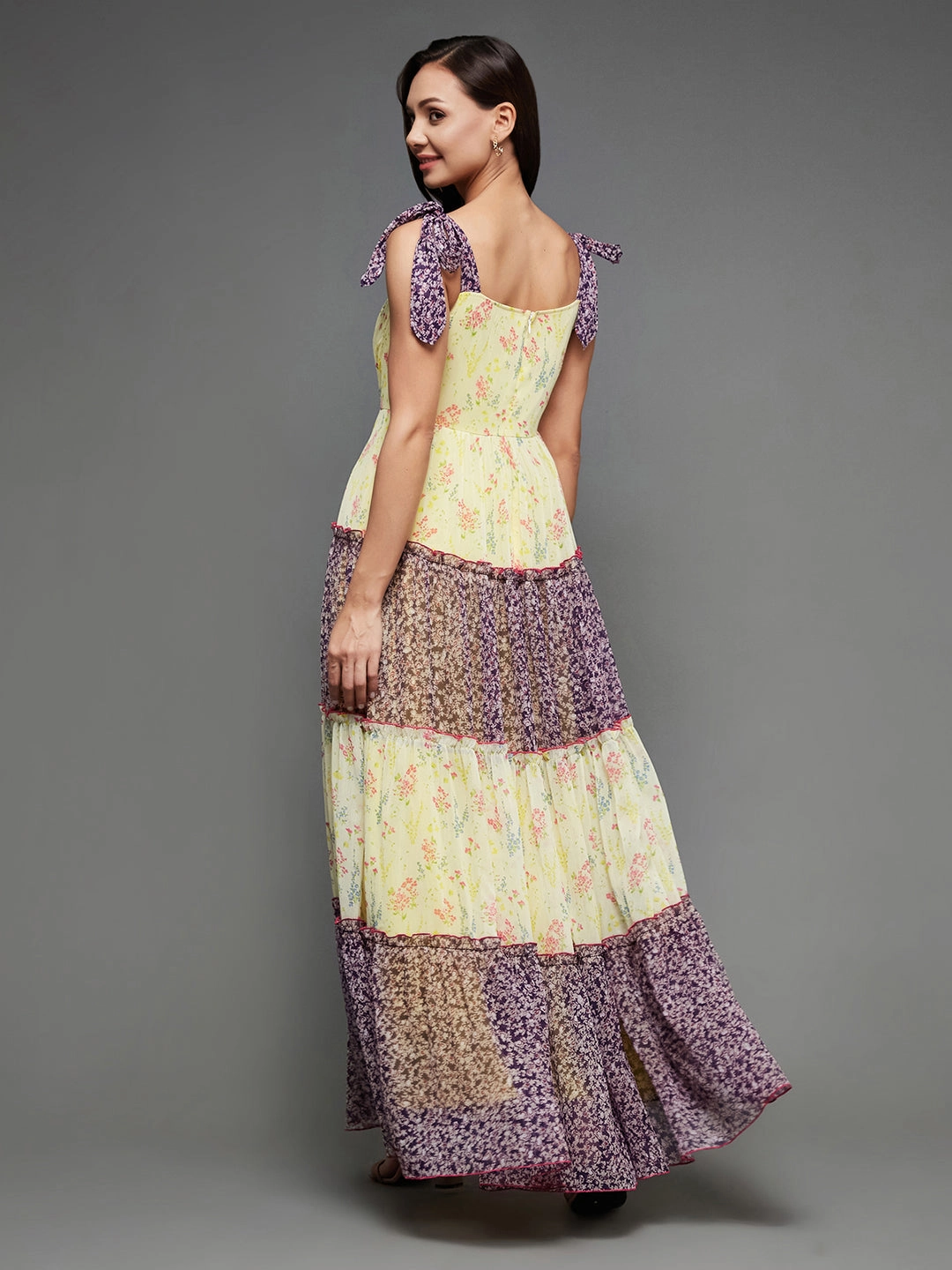 Women's Multicolored Square Neck Shoulder Strap Tie-Up Floral Patterned Tiered Maxi Chiffon Dress Perfectly Fit Look Light Volume