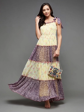 Ribbed-Texture Women's Multicolored Square Neck Shoulder Strap Tie-Up Floral Patterned Tiered Maxi Chiffon Dress