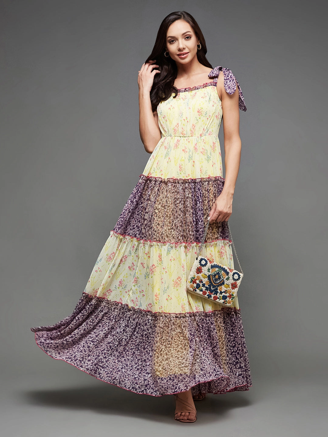 Ribbed-Texture Women's Multicolored Square Neck Shoulder Strap Tie-Up Floral Patterned Tiered Maxi Chiffon Dress