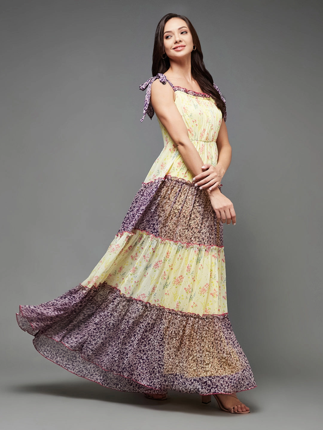 Stylish Fit Women's Multicolored Square Neck Shoulder Strap Tie-Up Floral Patterned Tiered Maxi Chiffon Dress