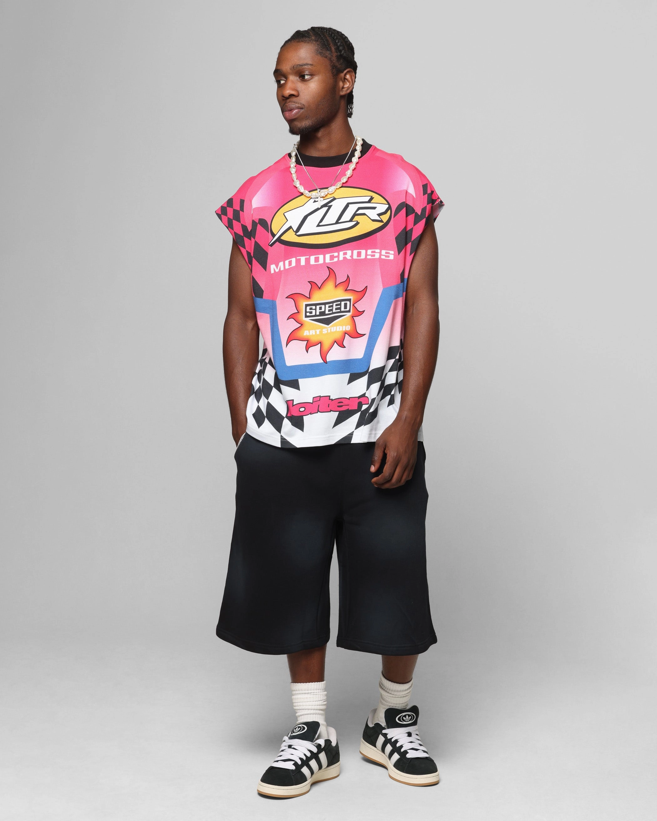 Loiter Motorsport Muscle T-Shirt Pink/Multi-Colored Classic Crew Neck MultiFunctional Pocket Placement