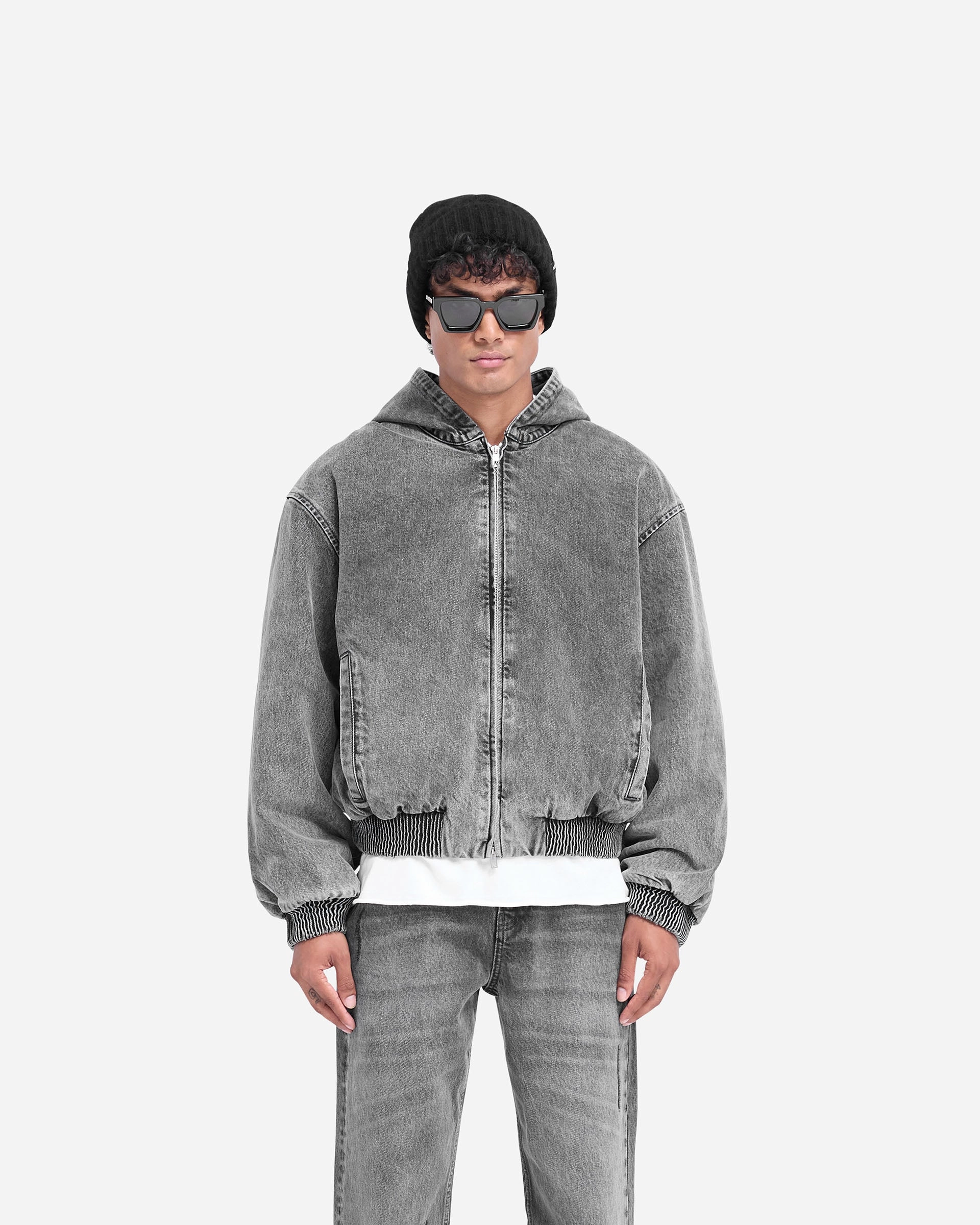 Soft Touch R5 Hooded Denim Bomber - Charcoal Grey