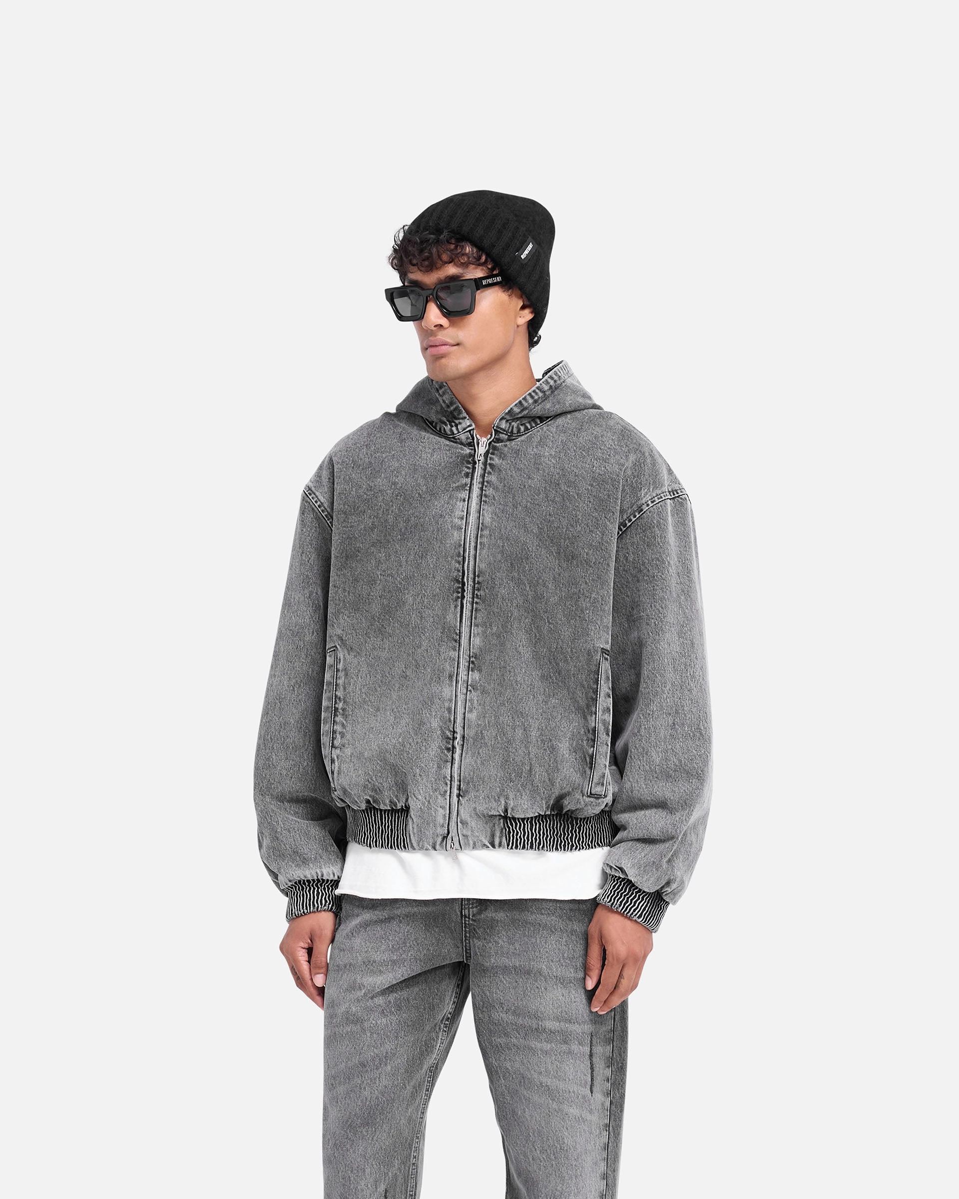 R5 Hooded Denim Bomber - Charcoal Grey Textured Finish