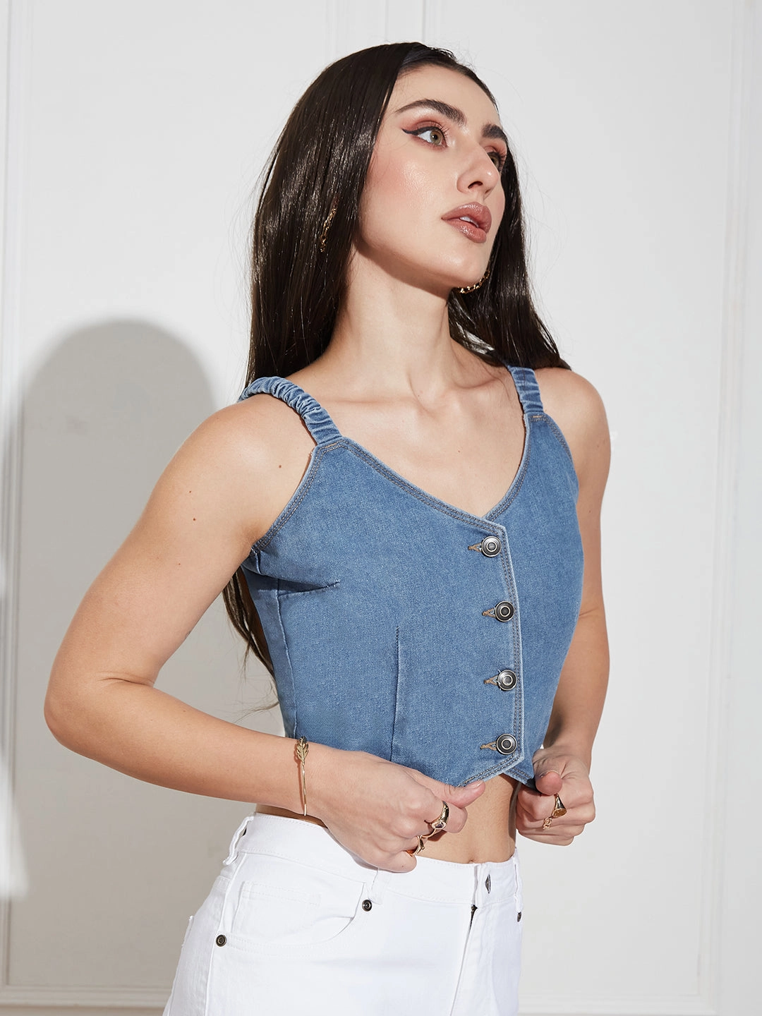 Bonded Seam Tape AllDayComfort Womens Mid Blue V Neck Elasticated Straps Sleeve Solid Waistcoat-Styled Cropped Denim Top