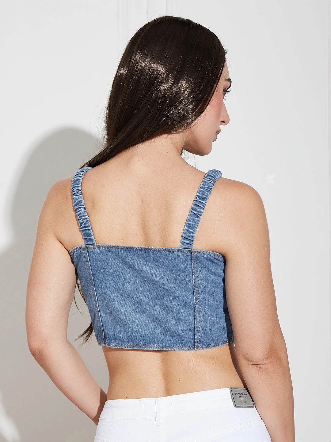 Quick Access Pockets Fitted Design Womens Mid Blue V Neck Elasticated Straps Sleeve Solid Waistcoat-Styled Cropped Denim Top