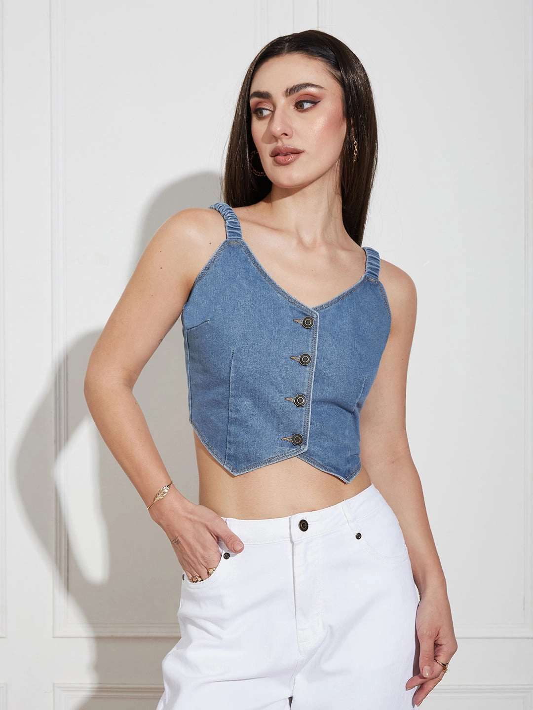 ZeroWaste Pattern Basic Tank Womens Mid Blue V Neck Elasticated Straps Sleeve Solid Waistcoat-Styled Cropped Denim Top