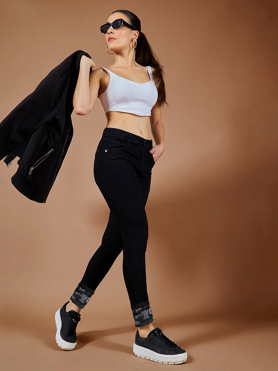 24/7 Comfort Black High-Rise Slim-Fit Stretchable Denim Jeans Loose Outdoor Adventure Work Meeting Everyday Basic