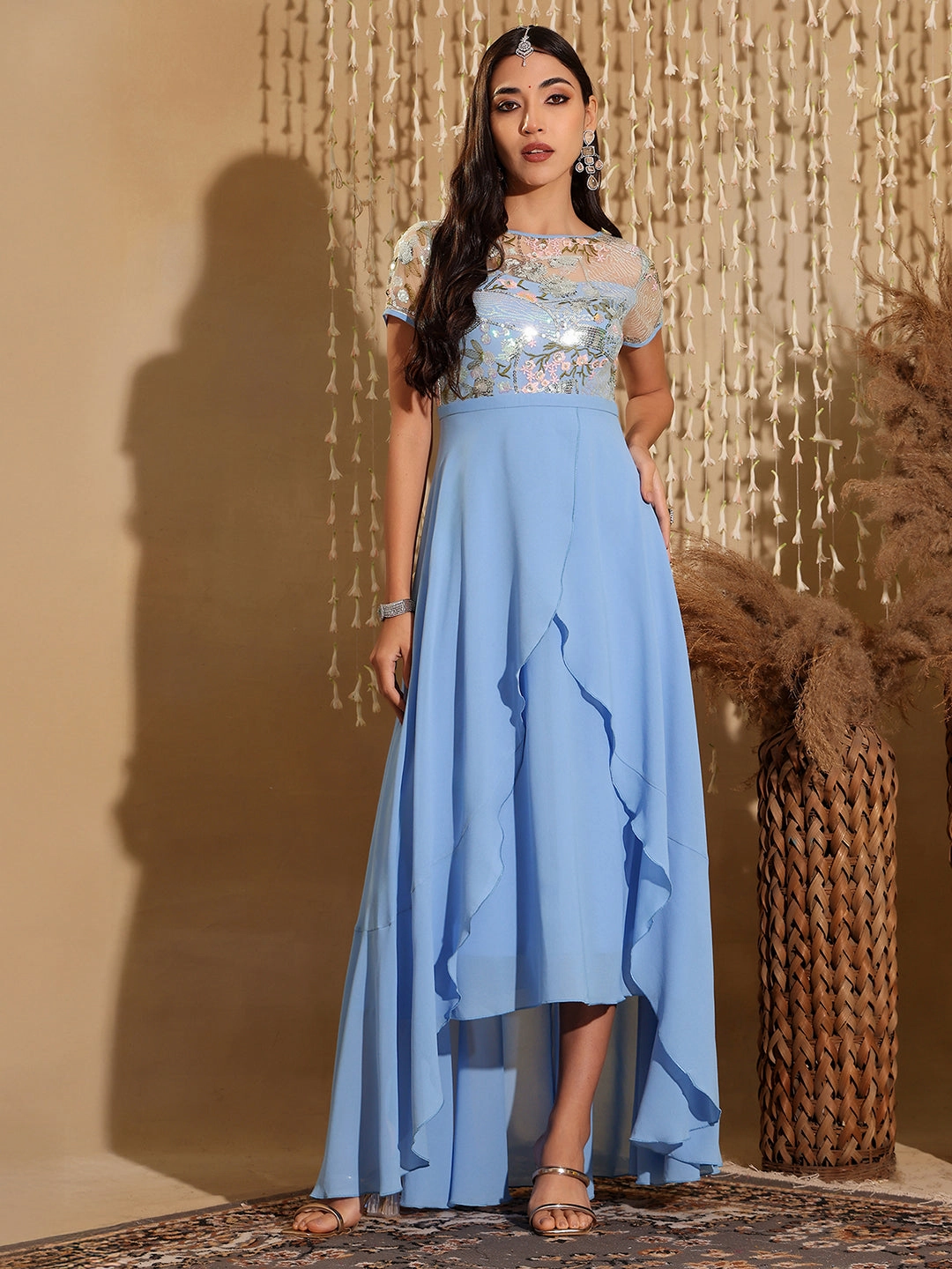 Women's Multicolored-Base-Sky Blue Round Neck Short Sleeve Floral Layered Georgette Midi Dress Back-Pocket Airy Drape