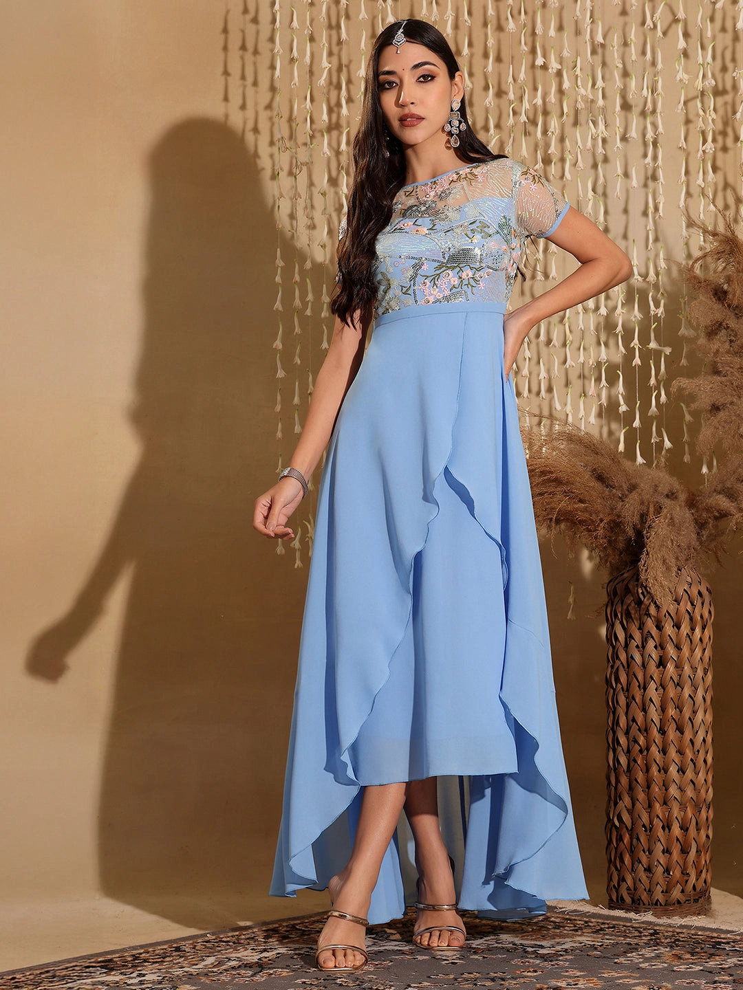 Simple Ease Fashion Daily Women's Multicolored-Base-Sky Blue Round Neck Short Sleeve Floral Layered Georgette Midi Dress