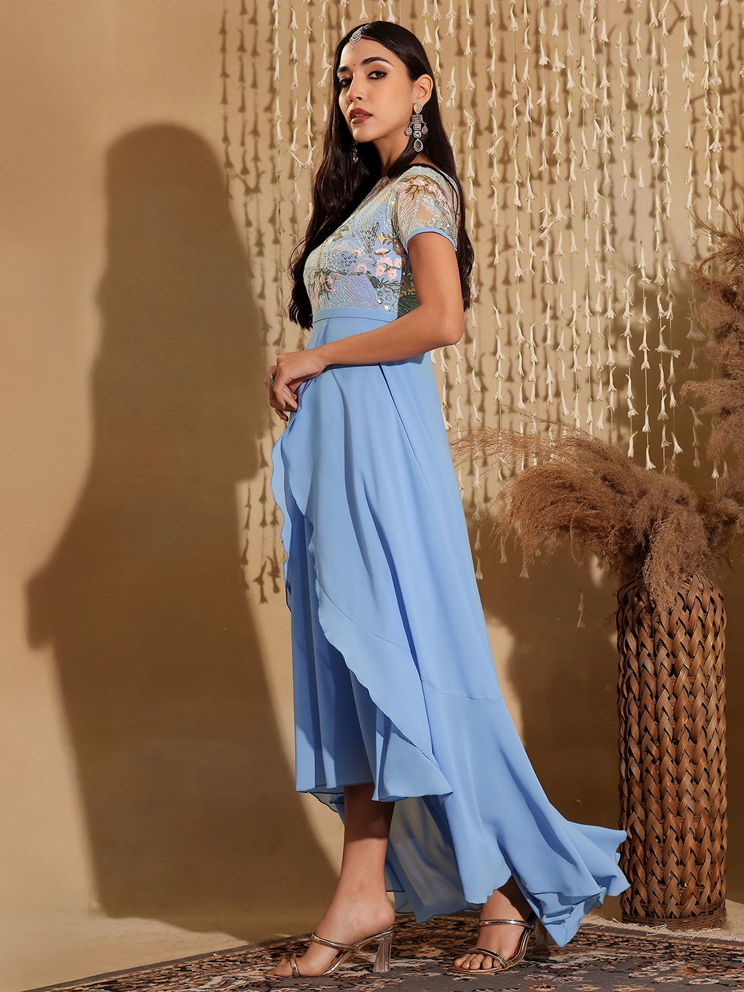 Layered-Look Urban Line Women's Multicolored-Base-Sky Blue Round Neck Short Sleeve Floral Layered Georgette Midi Dress