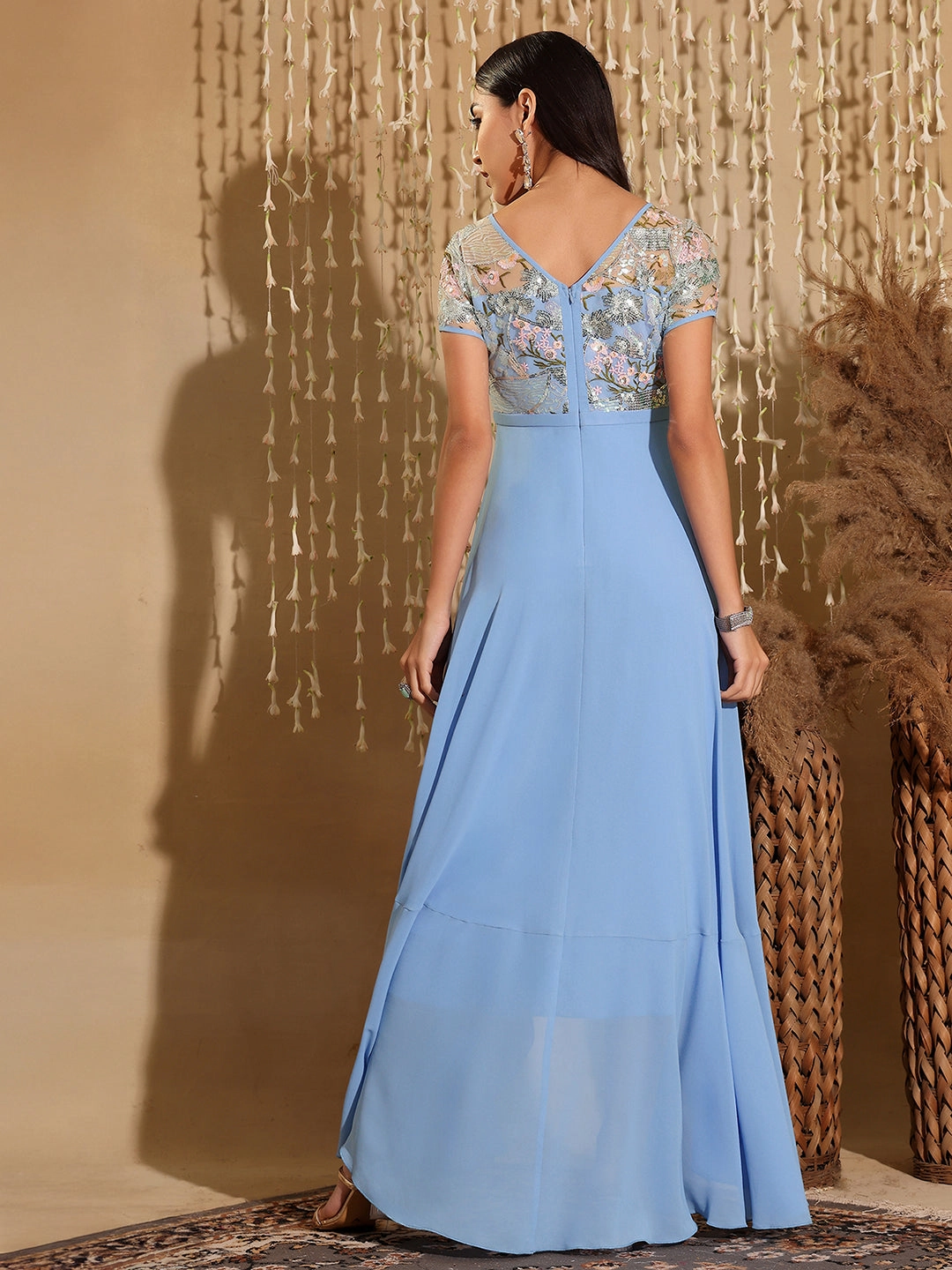 Pose Sweet Calm Mood Women's Multicolored-Base-Sky Blue Round Neck Short Sleeve Floral Layered Georgette Midi Dress