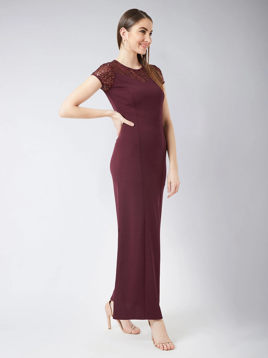 Sophisticated Touch Satin Glow Crease Ease Women's Wine Red Round Neck Cap Sleeves Sequin Paneled Solid Bodycon Maxi Dress