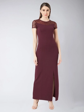 Crease Ease Women's Wine Red Round Neck Cap Sleeves Sequin Paneled Solid Bodycon Maxi Dress Soft Composition