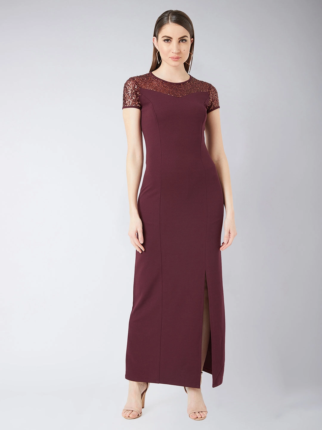 Crease Ease Women's Wine Red Round Neck Cap Sleeves Sequin Paneled Solid Bodycon Maxi Dress Soft Composition