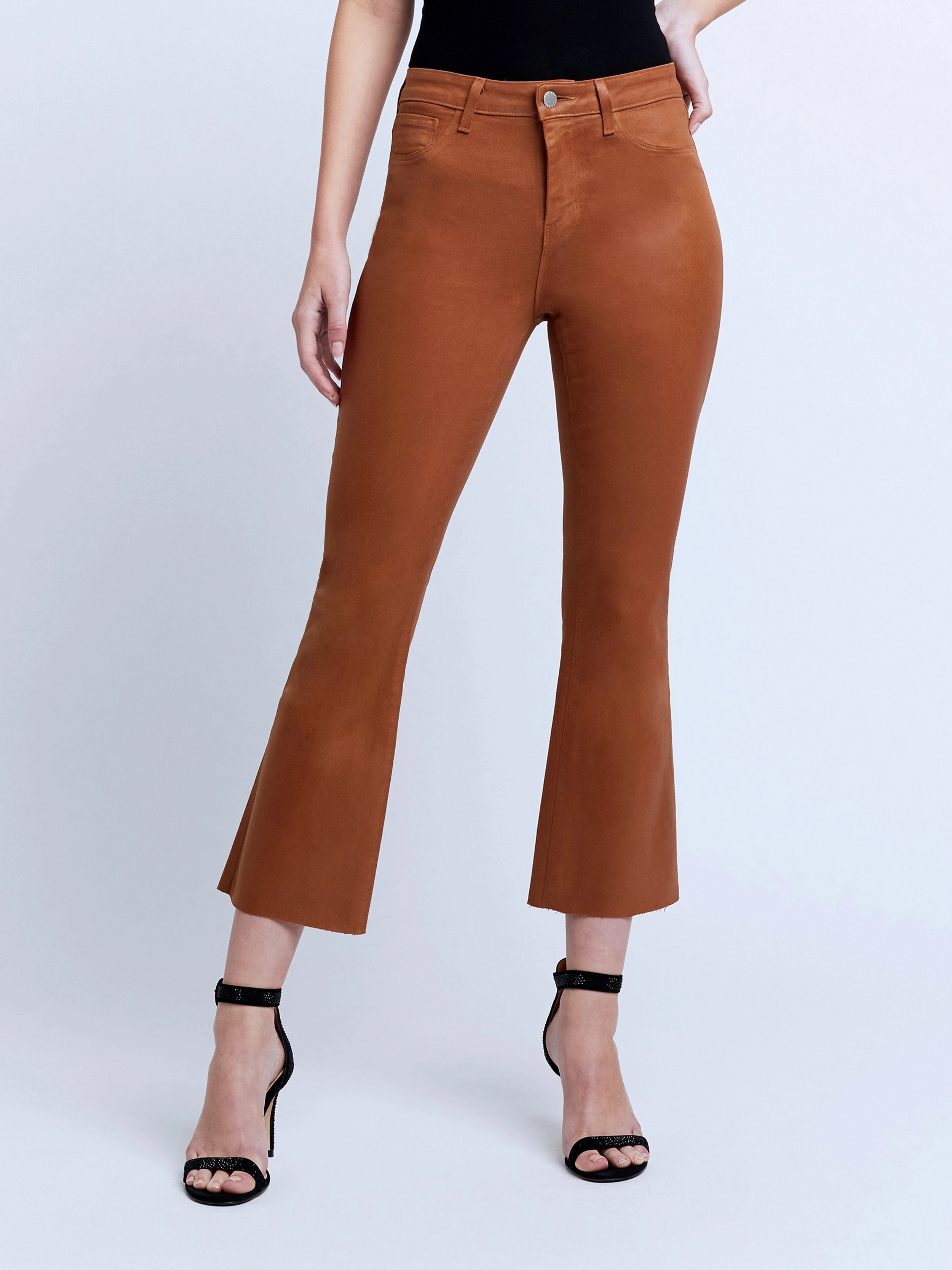 Anti Static Material Blend Chic Essentials L'AGENCE Kendra High Rise Cropped Coated Jeans in Java Coated