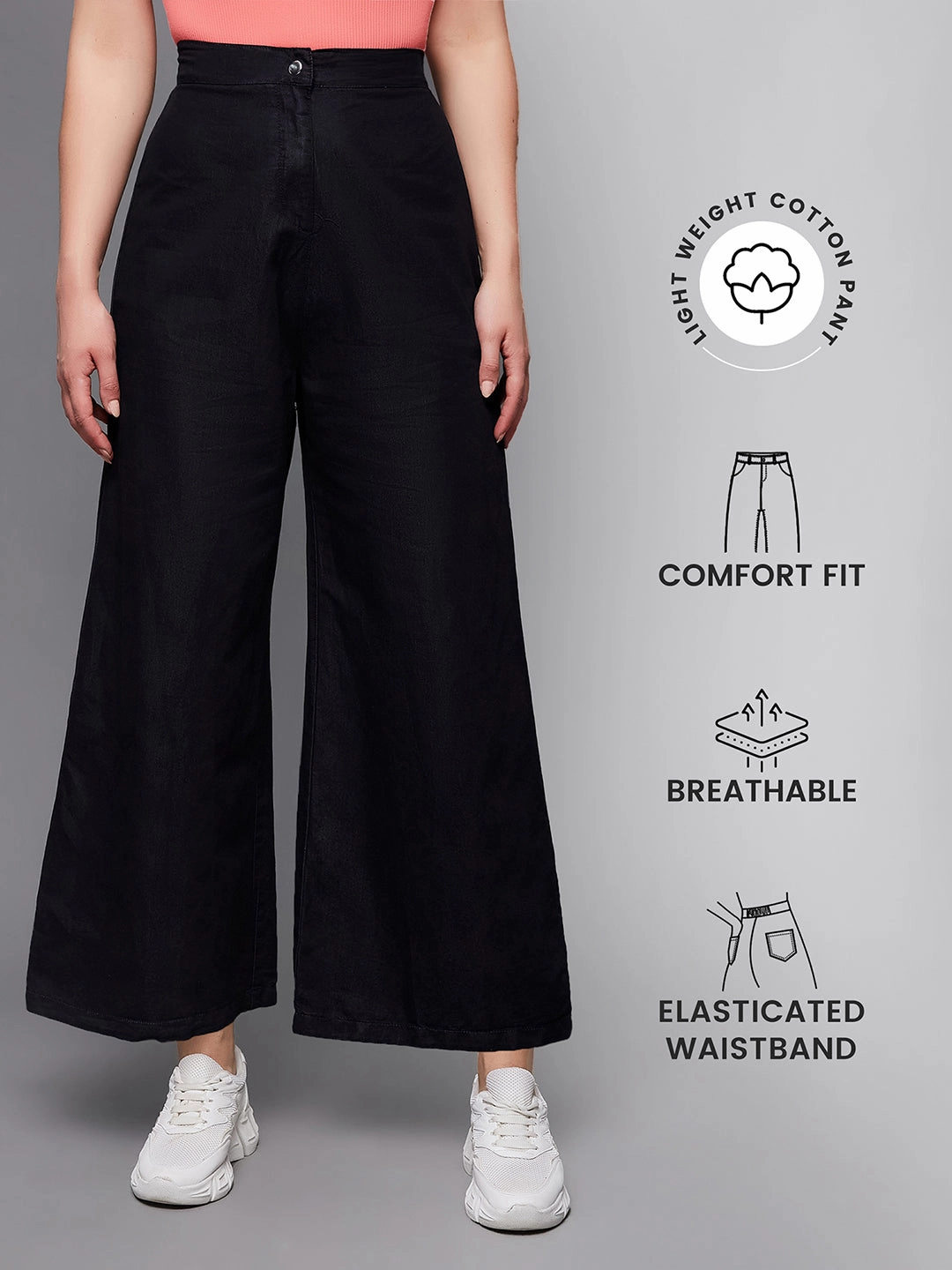 Women's Black Wide-Leg High-Rise Clean-Look Light Weight Regular Length Denim Pants Elasticized Cuffs Rugged Fit