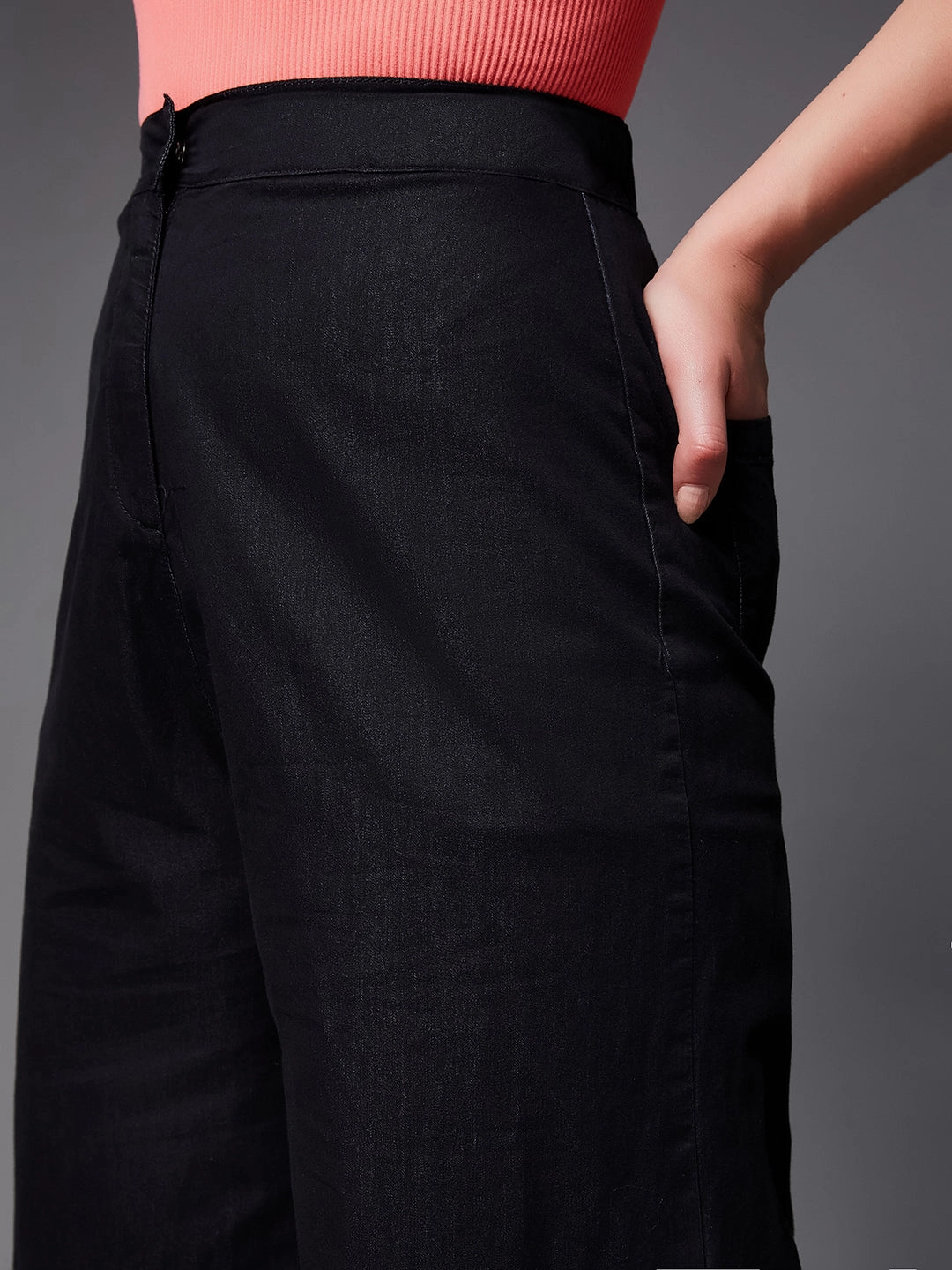 Women's Black Wide-Leg High-Rise Clean-Look Light Weight Regular Length Denim Pants Utility Pockets