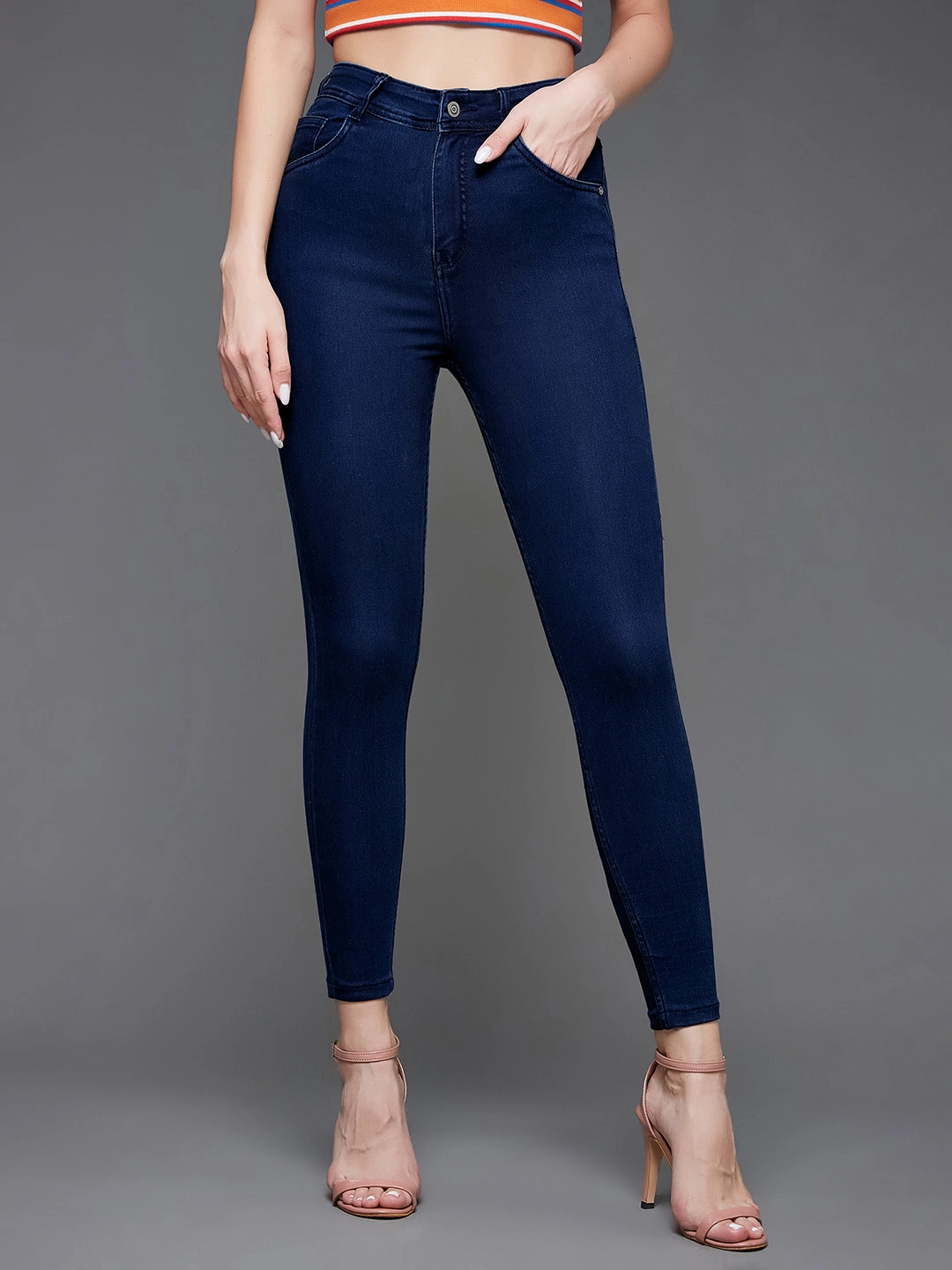 CHASEstretch? Women's Navy-Blue Skinny-Fit High-Rise Cropped-Length Stretchable Denim Jeans All Day Comfort Design