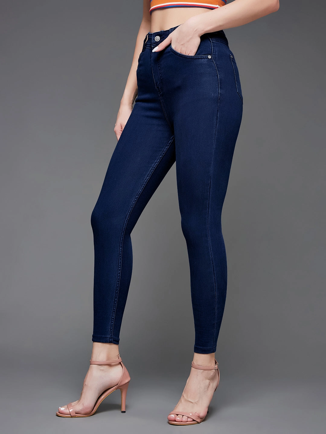 CHASEstretch? Women's Navy-Blue Skinny-Fit High-Rise Cropped-Length Stretchable Denim Jeans Workday Outfit Festival Outfit Urban Explorer