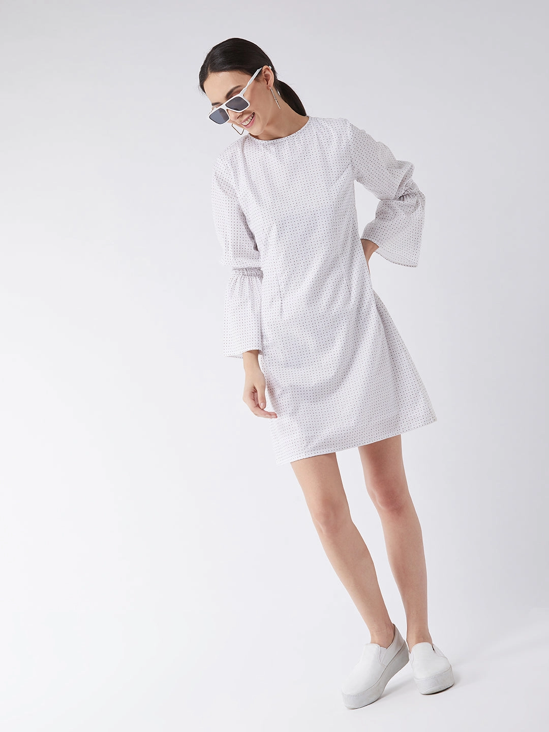 Women's Multicolored with Base White Round Neck Full Sleeve Cotton Geometric Print Smocked Detailing Knee-Long Dress Easy Fit