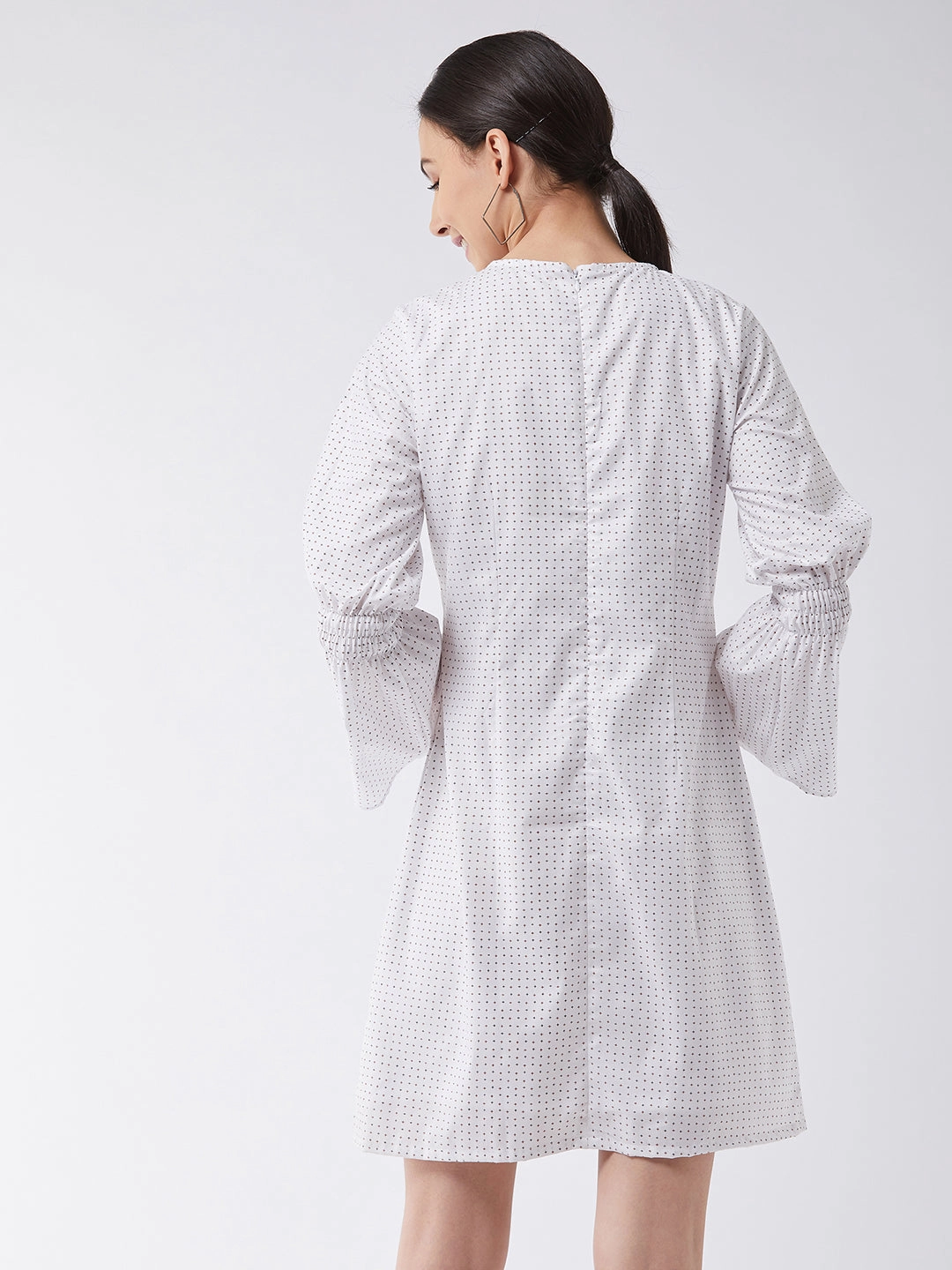 Rose Flush Shape Retention Women's Multicolored with Base White Round Neck Full Sleeve Cotton Geometric Print Smocked Detailing Knee-Long Dress
