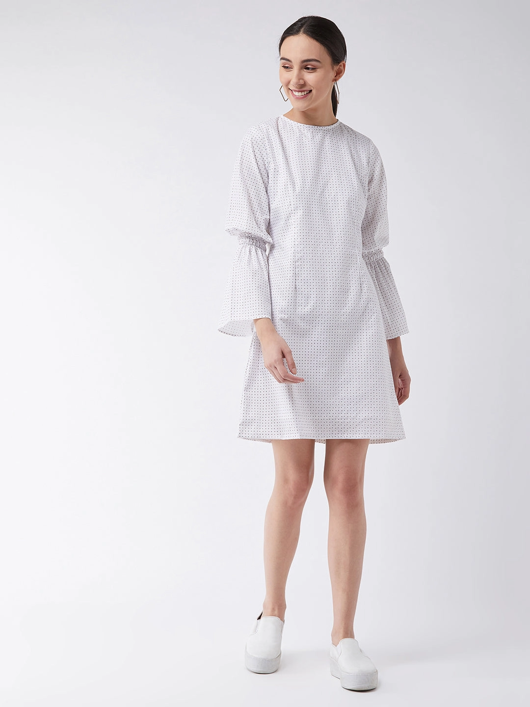 Women's Multicolored with Base White Round Neck Full Sleeve Cotton Geometric Print Smocked Detailing Knee-Long Dress Magnetic-Closure Soft fabric piece