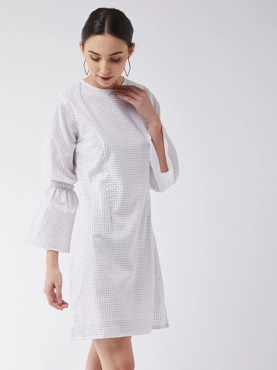Women's Multicolored with Base White Round Neck Full Sleeve Cotton Geometric Print Smocked Detailing Knee-Long Dress Smooth Blend Cool Undertone
